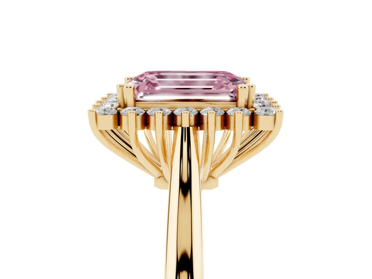 Fancy Pink Emerald Cut Cut Diamond Halo Ring with Solitaire Band and Prong Setting Yellow gold