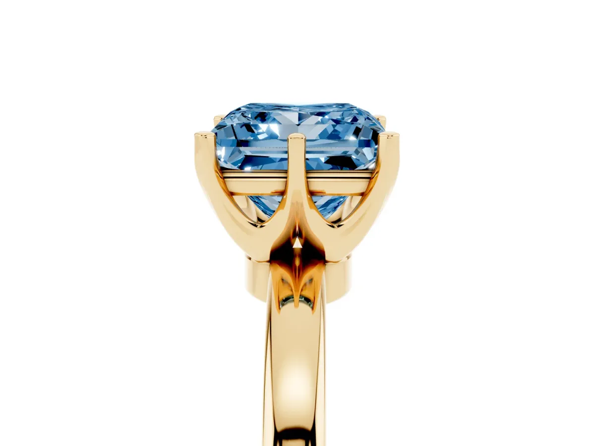 Fancy Blue Princess Cut Solitaire Diamond Ring with Six-Prong Setting on a Classic Band Yellow gold