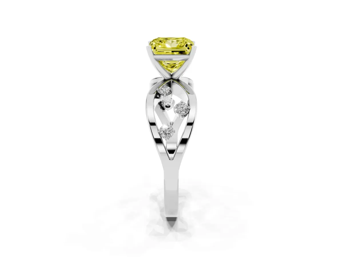 Fancy Yellow Princess Cut Cut Solitaire Diamond with Side Stones on Criss-Cross Band and Four-Prong Setting Silver