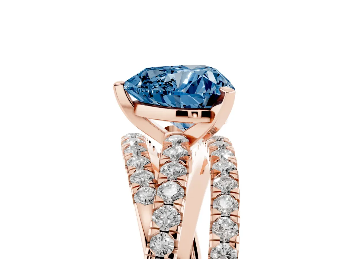 Fancy Blue Heart Cut Solitaire Twist Band with Pavé Setting and Four-Prong Setting Rose gold