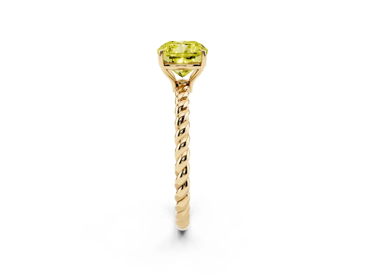 Fancy Yellow Cushion Cut Solitaire Twist Band Ring with Four-Prong Setting Yellow gold