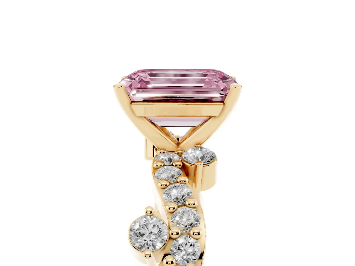 Fancy Pink Emerald Cut Cut Solitaire Diamond Twisted Band with Pave Setting Yellow gold