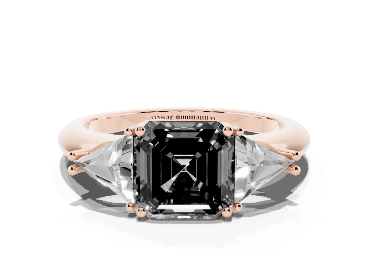Fancy Black Three-Stone Asscher Cut Diamond Engagement Ring with Trillion Side Stones and Prong Setting Rose gold