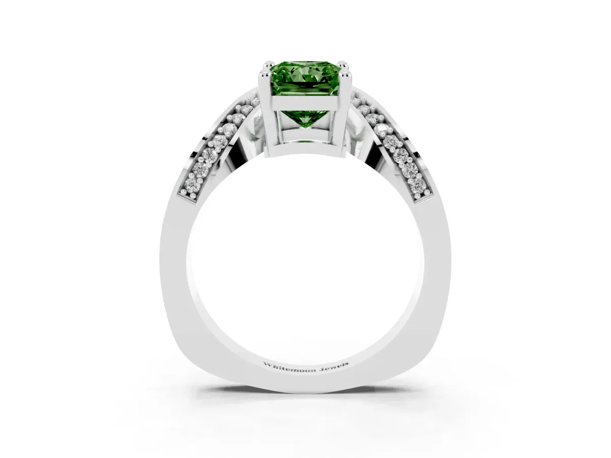 Fancy Green Radiant Cut Solitaire Diamond Engagement Ring with Pave Band and Four-Prong Setting Platinum