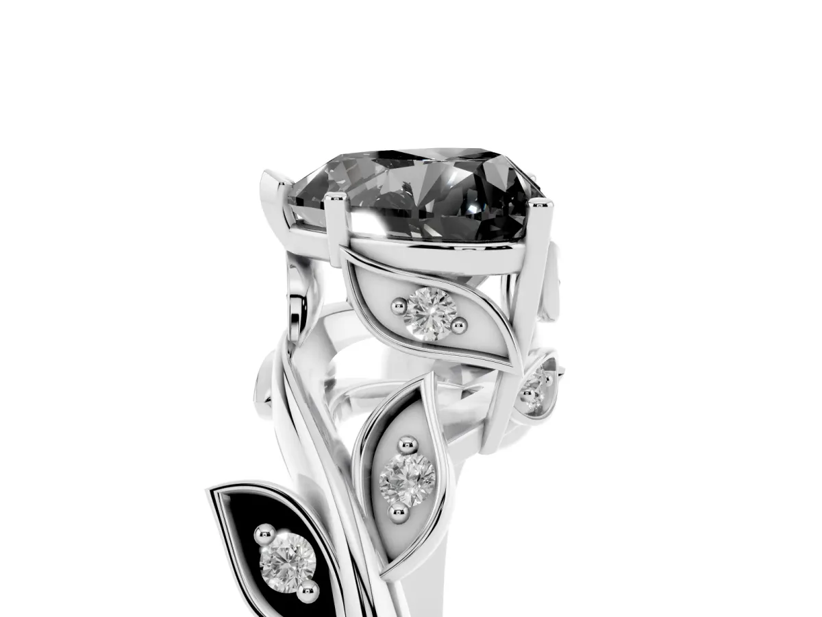 Fancy Black Heart Cut Solitaire Twist Engagement Ring with Leaf Accents and Prong Setting Platinum