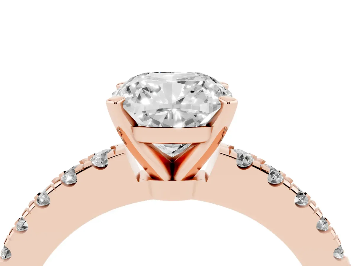 Cushion Cut Solitaire Diamond with Pavé Band and Four-Prong Setting Rose gold