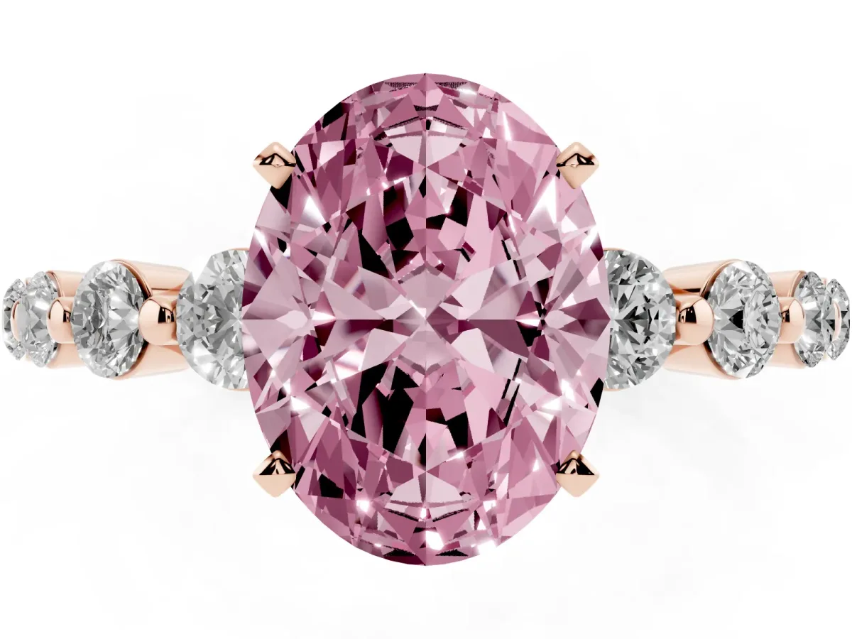 Fancy Pink Oval Cut Solitaire Diamond Ring with Pave Band and Four-Prong Setting Rose gold