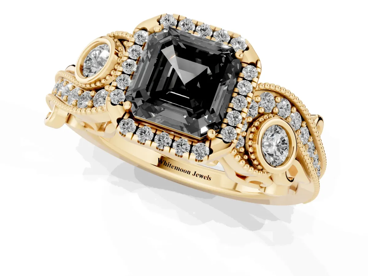 Fancy Black Asscher Cut Halo Diamond Ring with Milgrain and Bezel Accents on a Split Shank Band Yellow gold