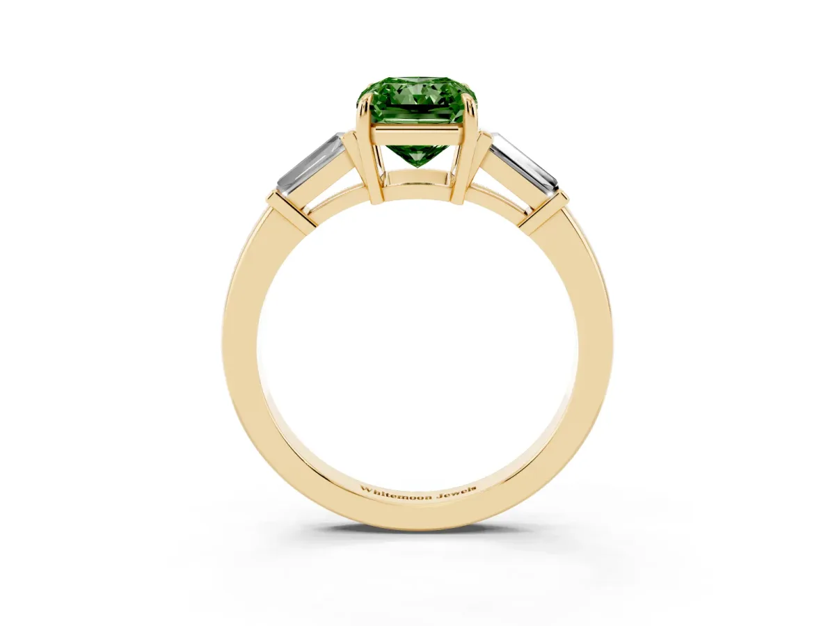 Fancy Green Radiant Cut Diamond Three-Stone Ring with Tapered Baguette Side Stones and Prong Setting Yellow gold
