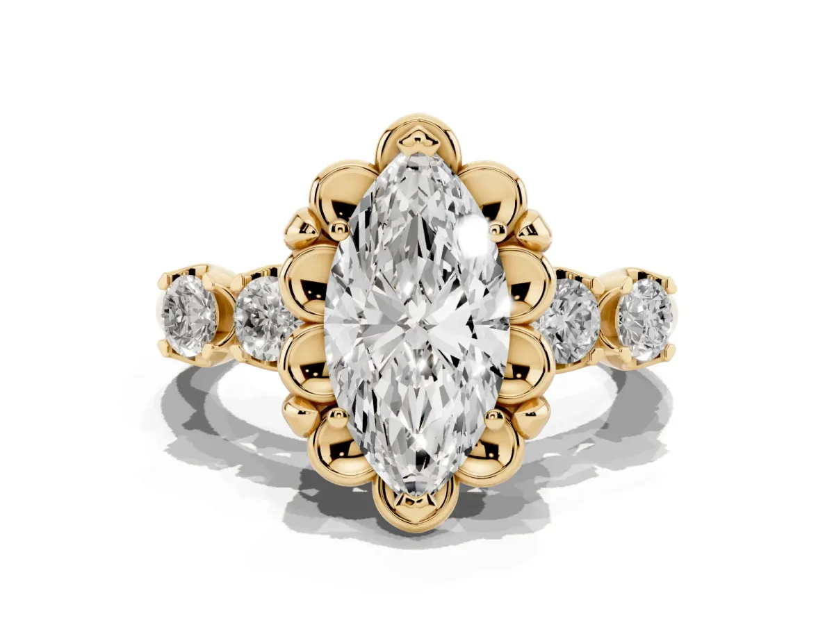 Marquise Cut Cut Diamond Floral Halo Engagement Ring with Shared Prong Setting Yellow gold