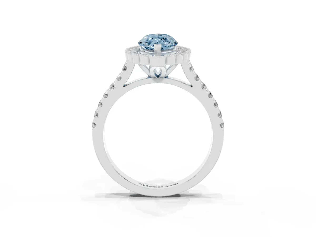 Fancy Blue Marquise Cut Cut Diamond Milgrain Floral Halo Engagement Ring with Pavé Band White gold