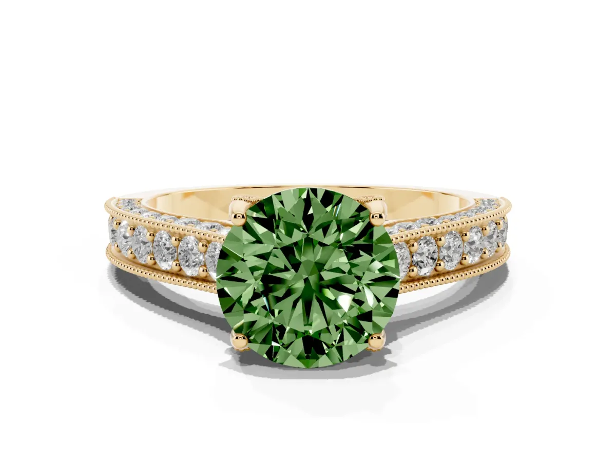 Fancy Green Round Cut Cut Diamond Solitaire Ring with Milgrain Pave Band and Four Prong Setting Yellow gold