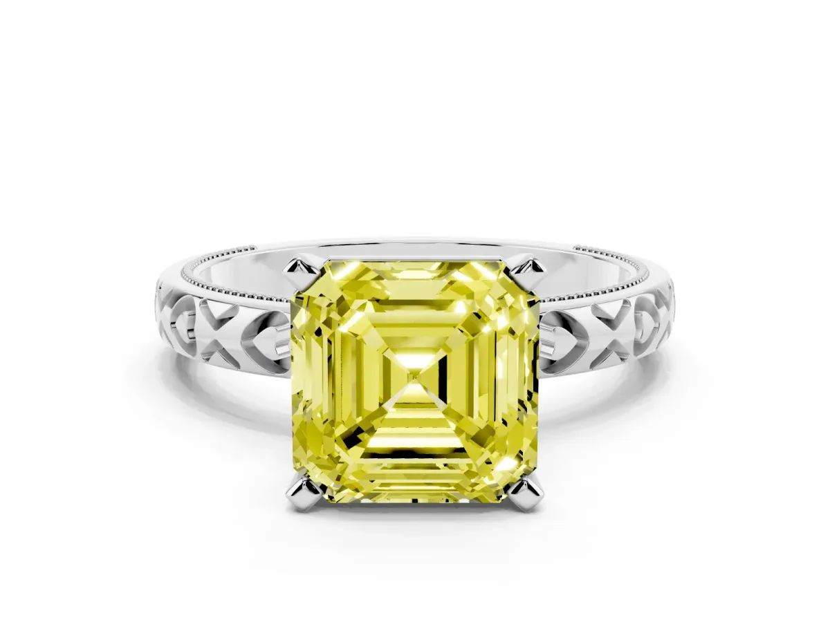 Fancy Yellow Asscher Cut Solitaire Diamond Engagement Ring with XO Engraved Band and Four-Prong Setting Platinum