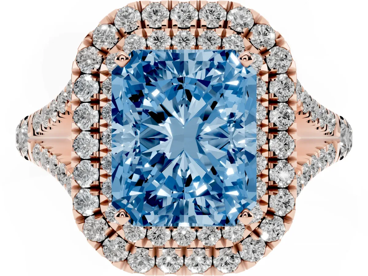 Fancy Blue Radiant Cut Diamond Double Halo Ring with Split Shank and Prong Setting Rose gold