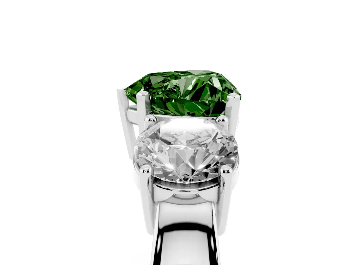 Fancy Green Three-Stone Heart Cut Diamond Ring with Round Side Stones, Classic Band, and Four-Prong Setting White gold