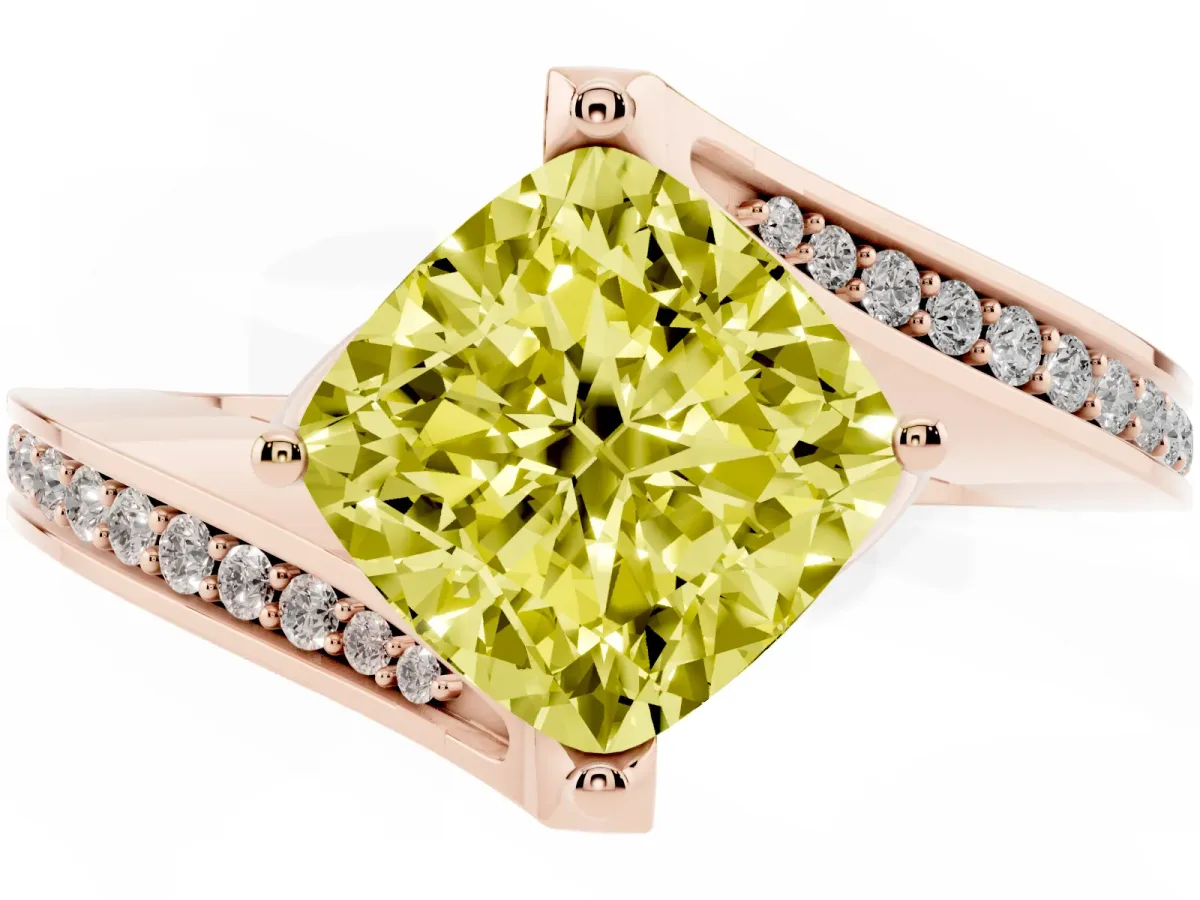 Fancy Yellow Cushion Cut Solitaire Diamond Twist Band with Pavé Setting and Four-Prong Setting Rose gold