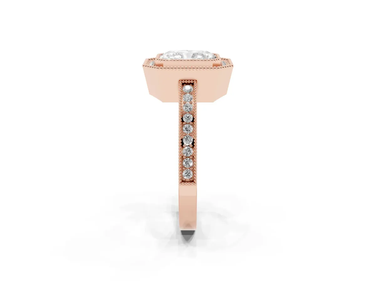 Radiant Cut Cut Halo Diamond Ring with Pavé Band and Milgrain Prong Setting Rose gold