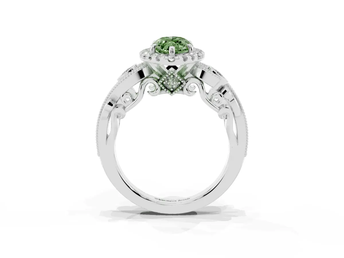 Fancy Green Marquise Cut Diamond Halo Ring with Milgrain Pavé Band and Four-Prong Setting Platinum