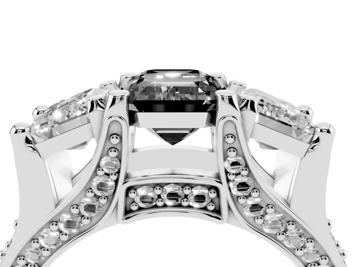 Fancy Black Emerald Cut Diamond Three-Stone Ring with Channel Set Band and Four-Prong Setting Silver