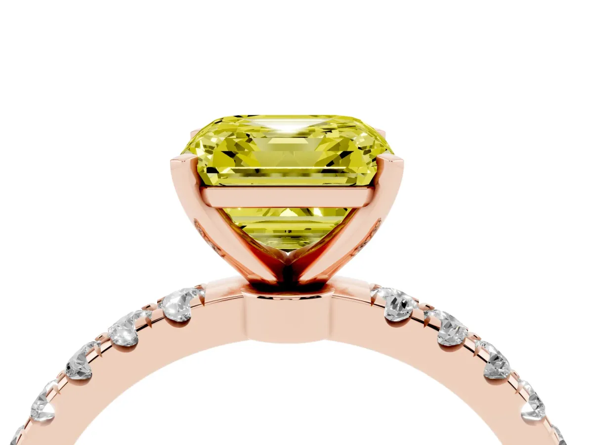 Fancy Yellow Asscher Cut Diamond Solitaire Ring with Pavé Accents and Four-Prong Setting Rose gold