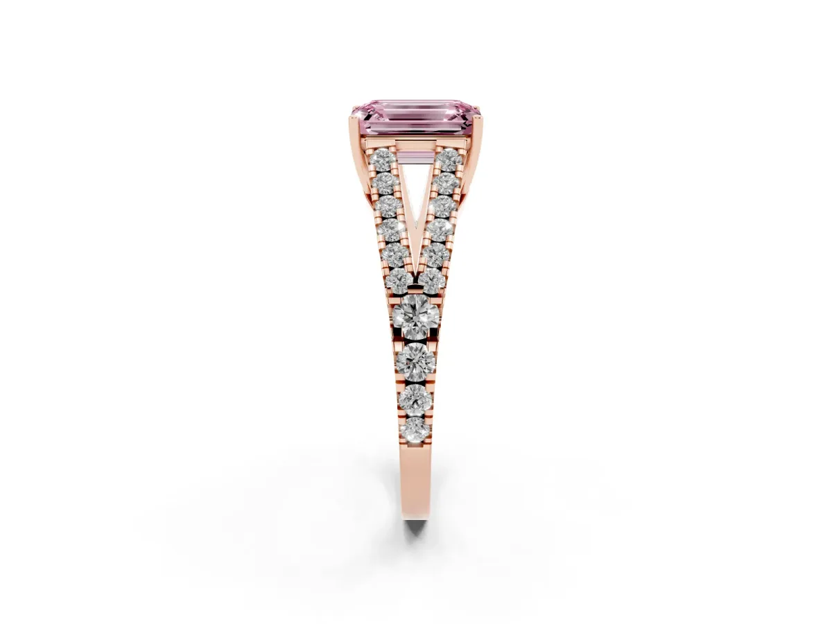 Fancy Pink Emerald Cut Diamond Split Shank Pavé Engagement Ring with Four-Prong Setting Rose gold