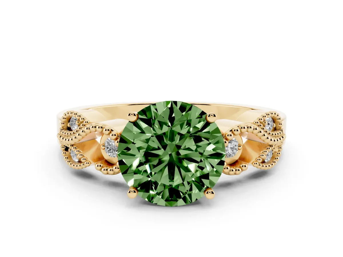 Fancy Green Round Cut Solitaire Milgrain Leaf Band with Prong Setting Yellow gold