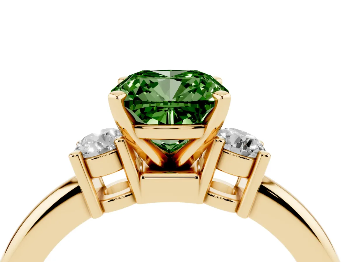 Fancy Green Three-Stone Cushion Cut Cut Diamond Solitaire with Prong Setting and Classic Band Yellow gold