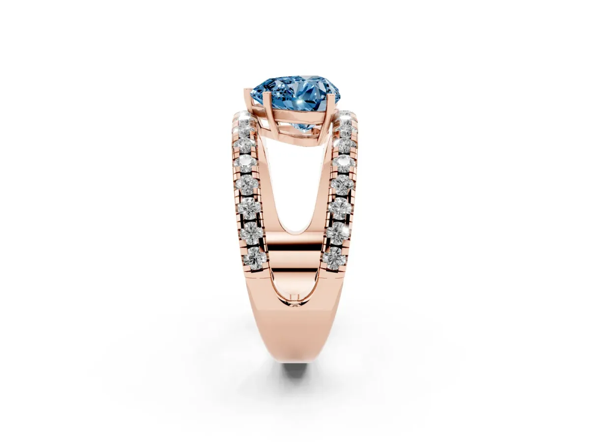 Fancy Blue Heart Cut Solitaire Split Shank Pave Diamond Ring Rose gold