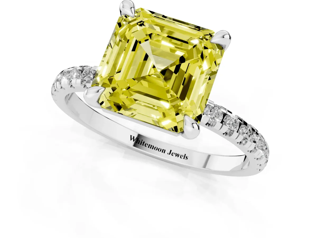 Fancy Yellow Asscher Cut Diamond Brilliant Solitaire Ring with Pavé Band and Four-Prong Setting Platinum