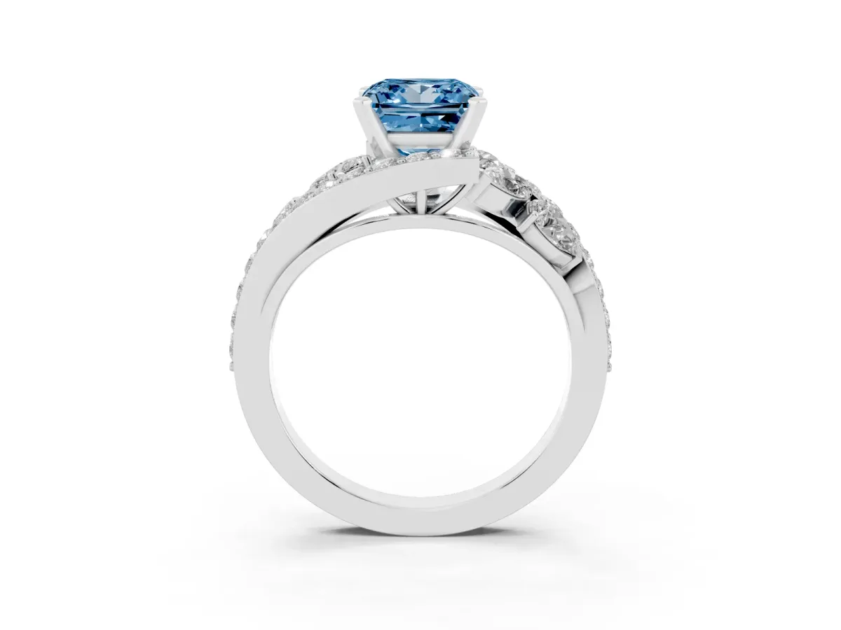 Fancy Blue Princess Cut Diamond Halo Ring with Marquise and Pavé Band in Prong Setting White gold