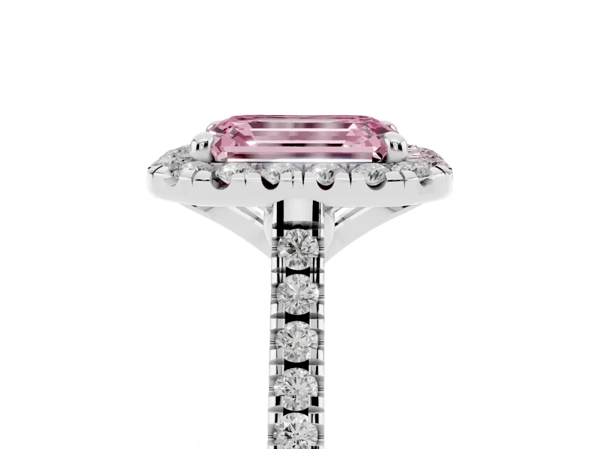 Fancy Pink Emerald Cut Diamond Cushion Halo Ring with Pavé Band Silver