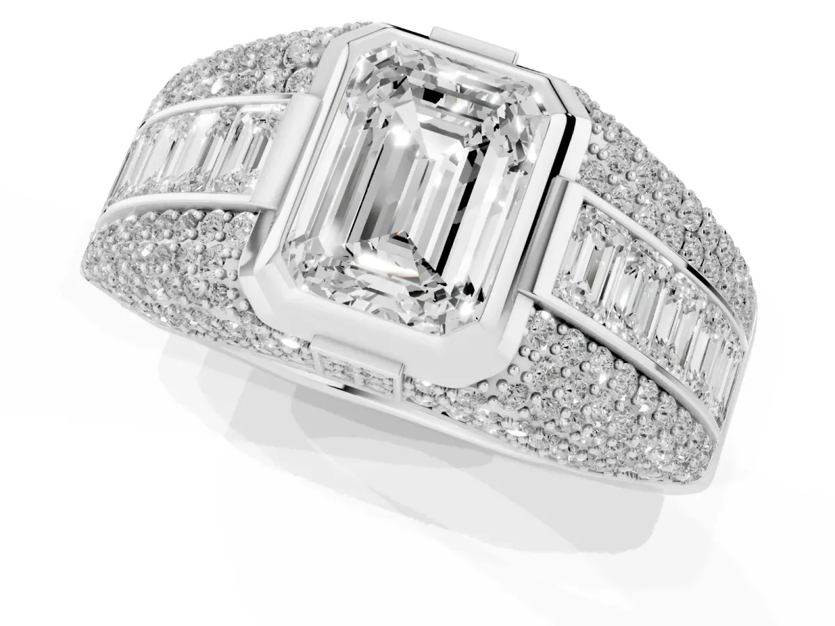 Emerald Cut Diamond Mens Ring with Side Stones Platinum