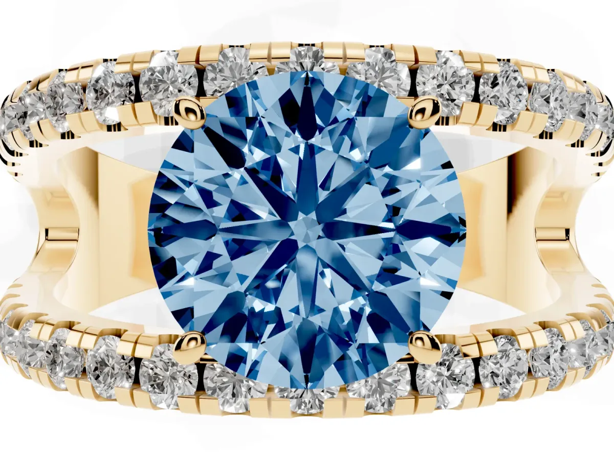 Fancy Blue Round Cut Solitaire Split Shank Pave Diamond Ring Yellow gold