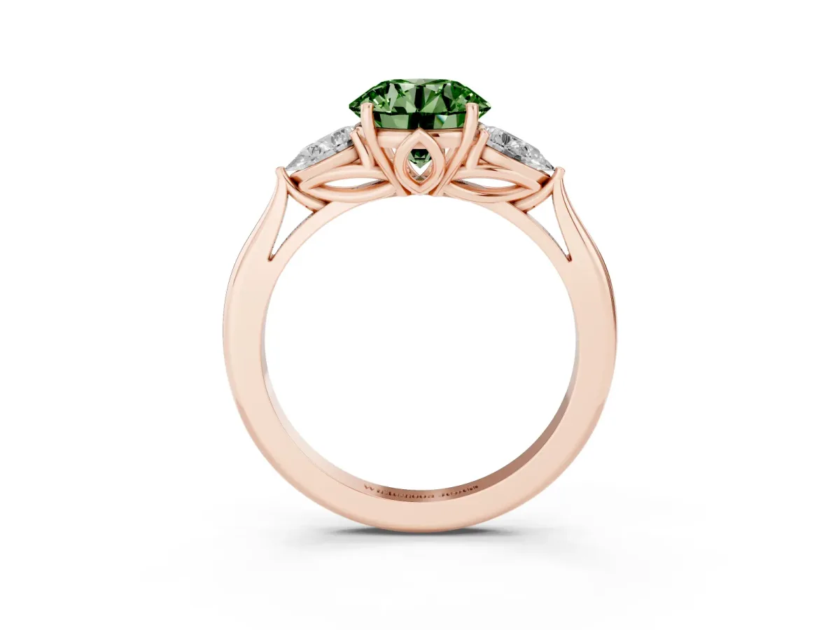Fancy Green Three-Stone Round Cut Diamond Ring with Pear Side Stones in Four-Prong Setting Rose gold
