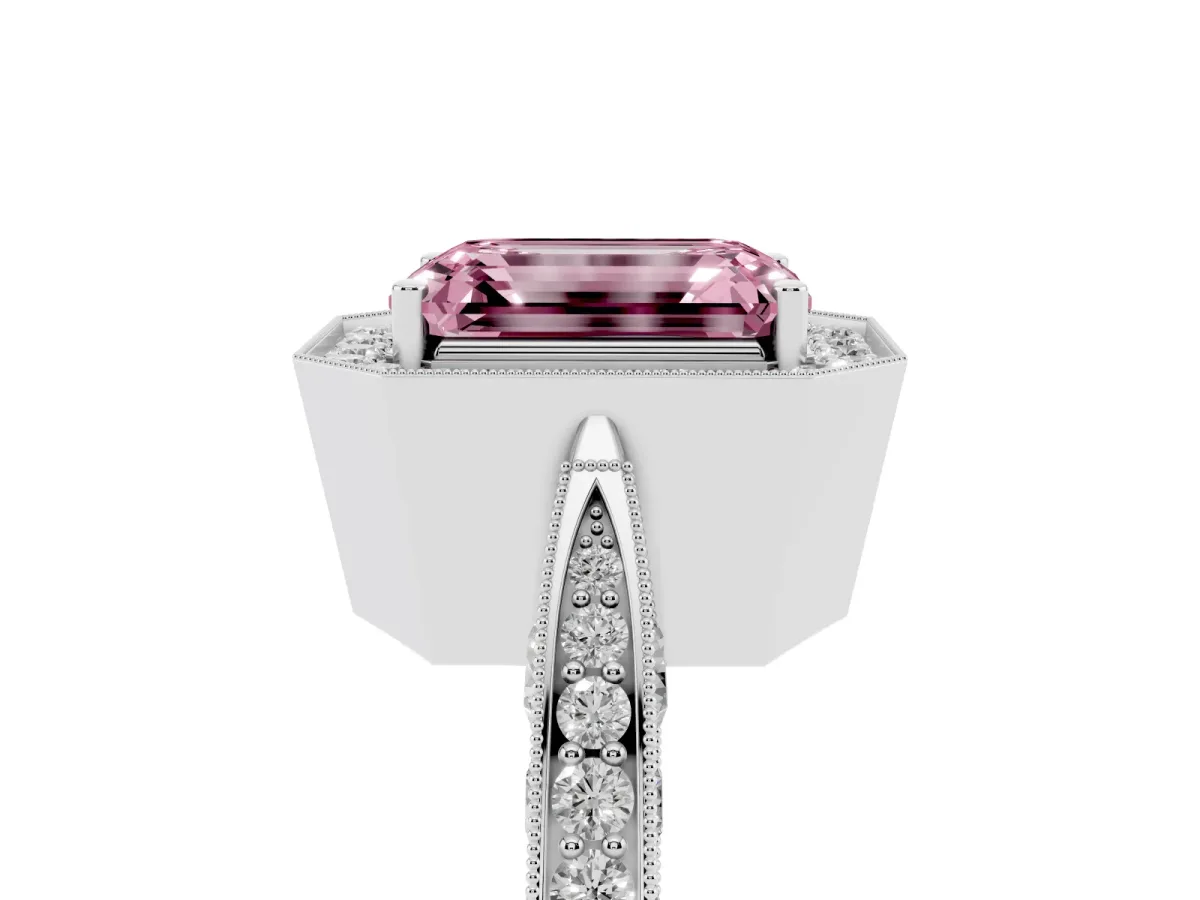 Fancy Pink Emerald Cut Halo Diamond Engagement Ring with Split Shank Band and Four-Prong Setting Platinum