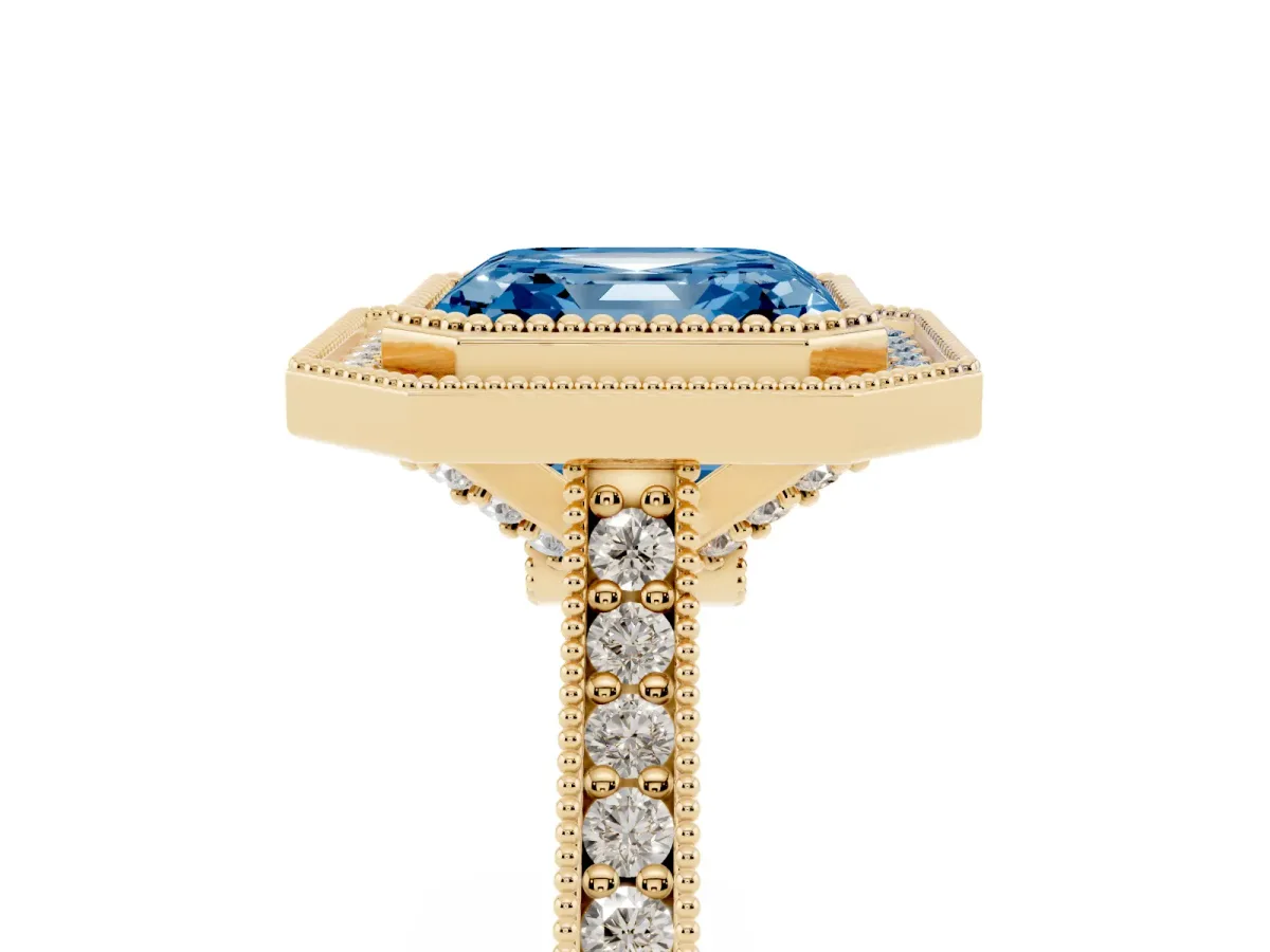 Fancy Blue Halo Asscher Cut-Cut Diamond Pave Band Milgrain Prong Setting Ring Yellow gold