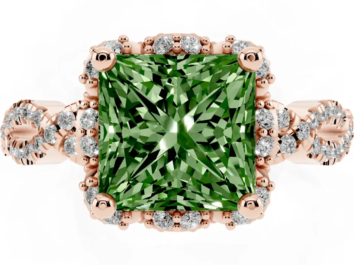 Fancy Green Princess Cut Halo Twist Band Solitaire Ring with Six-Prong Setting Rose gold