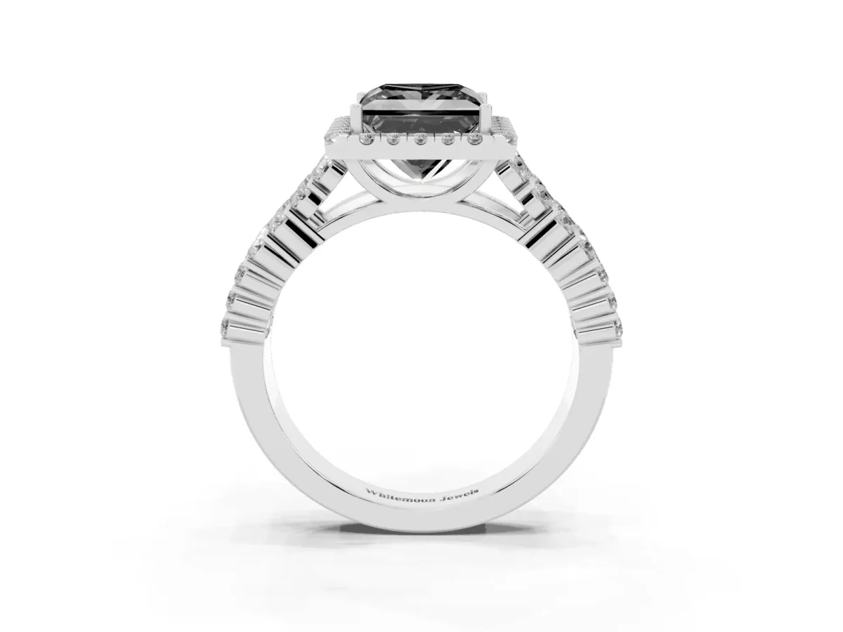 Fancy Black Princess Cut Diamond Halo Engagement Ring with Triple Row Round Pavé Band and Prong Setting Silver