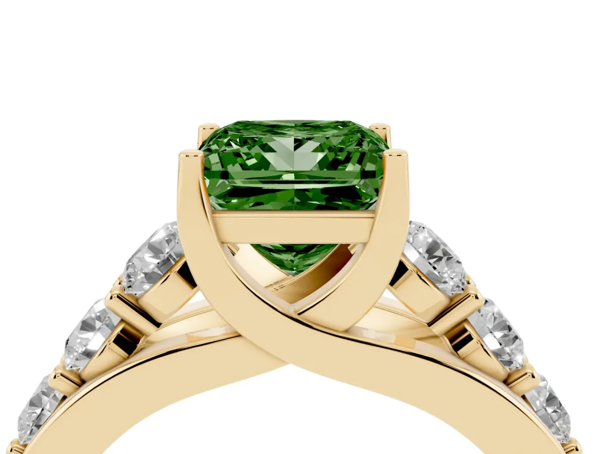 Fancy Green Princess Cut Diamond Engagement Ring with Pavé Band and Four-Prong Setting Yellow gold