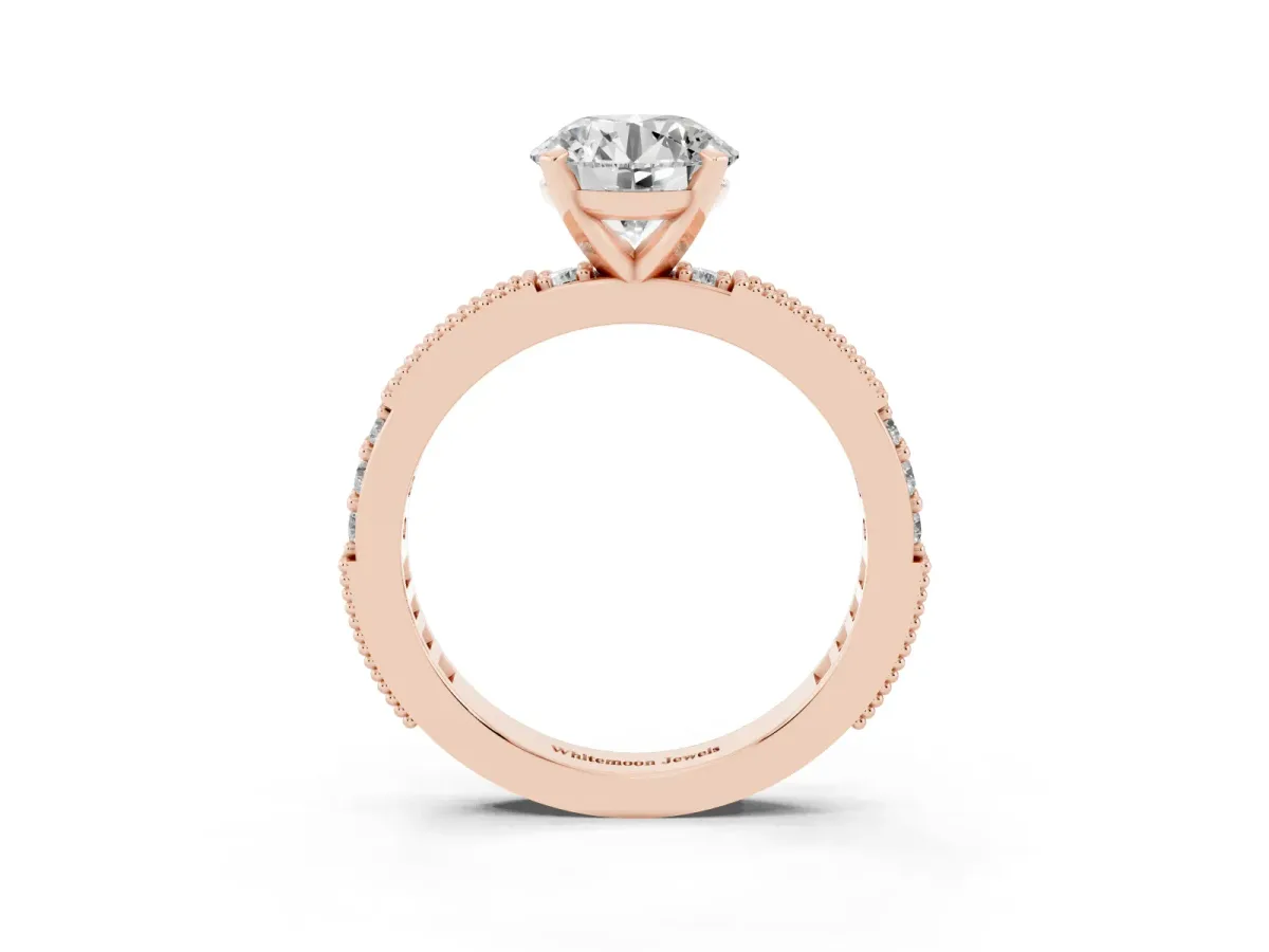 Round Cut Solitaire with Pavé Band and Four-Prong Setting Rose gold