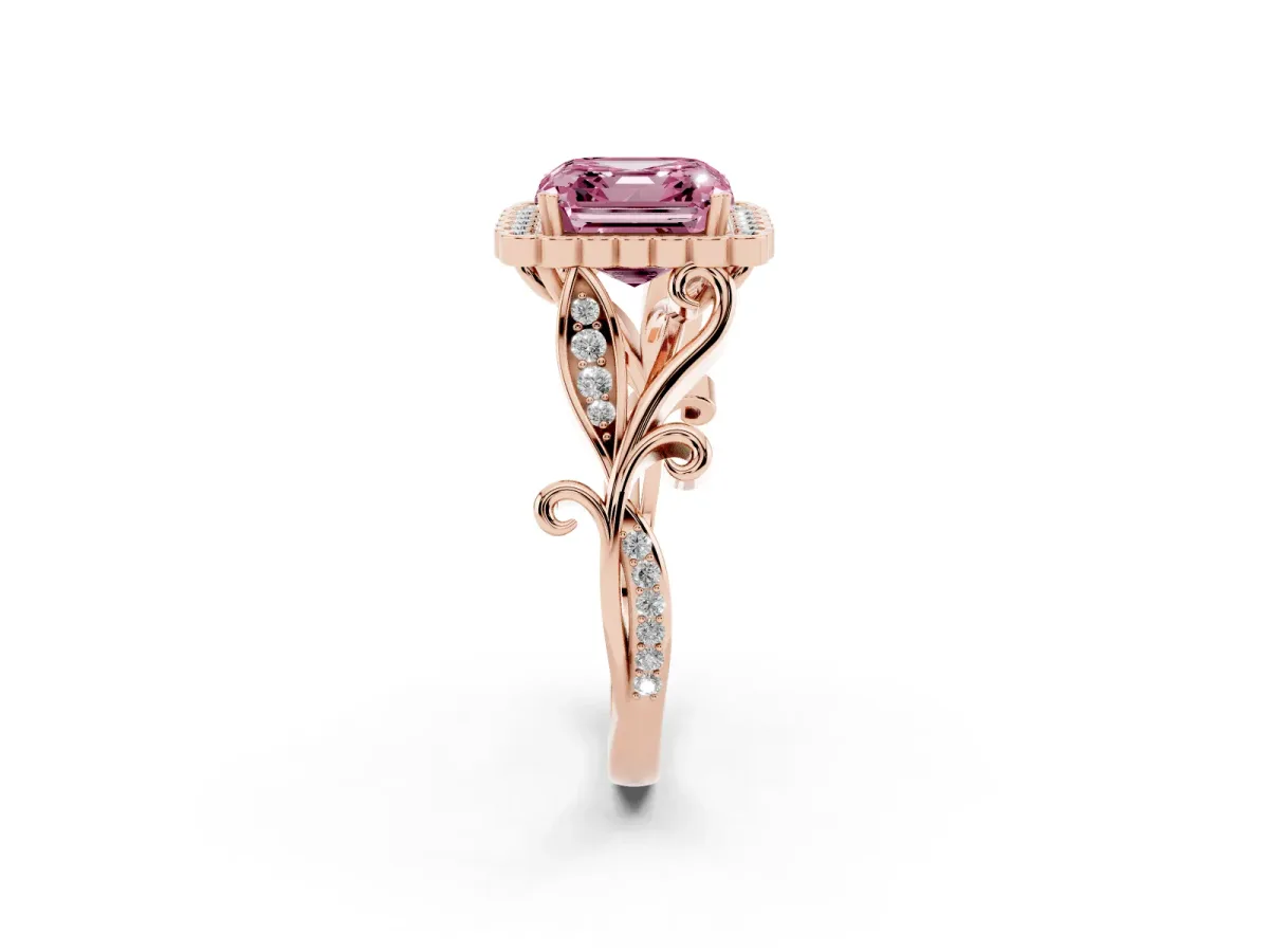 Fancy Pink Asscher Cut Diamond Halo Ring with Vintage Split Shank and Four-Prong Setting Rose gold