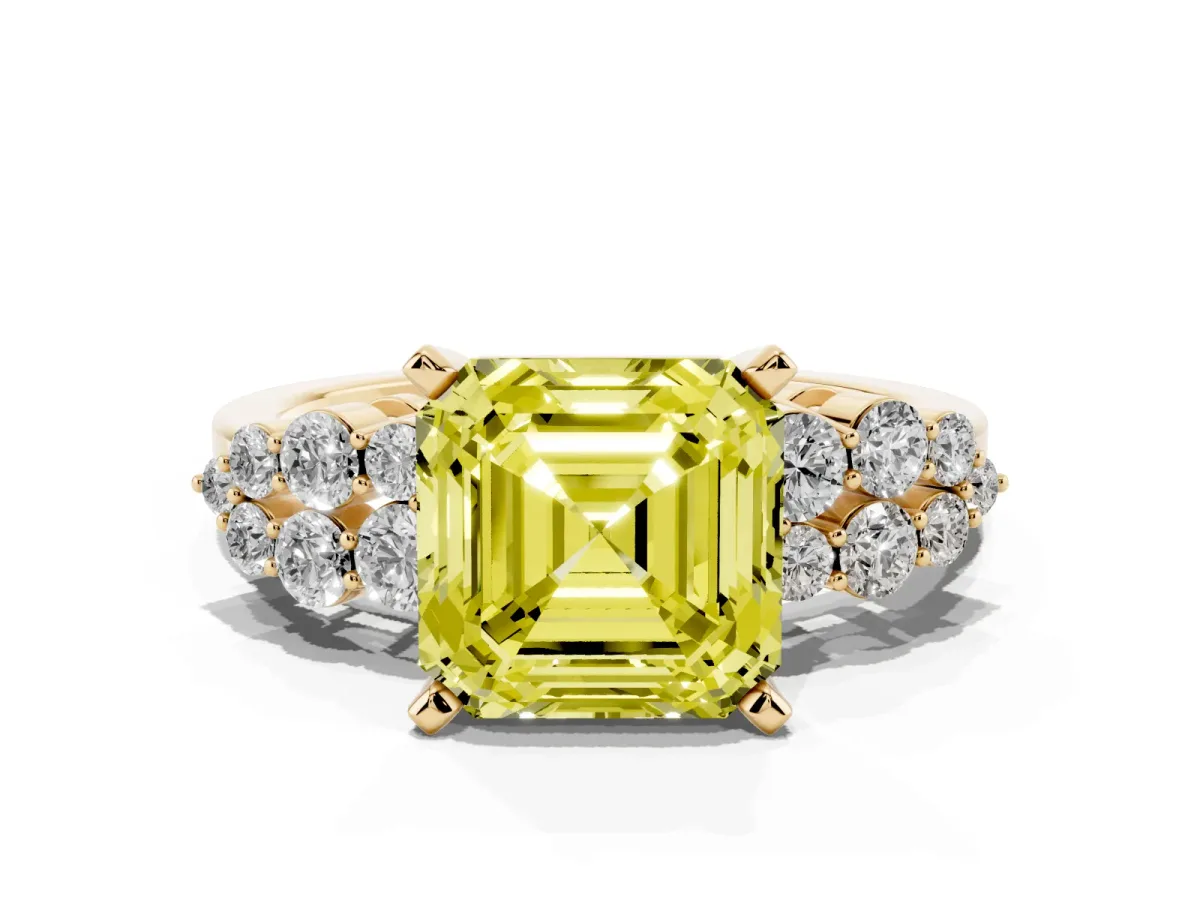 Fancy Yellow Asscher Cut Cluster Diamond Engagement Ring with Pavé Band and Four-Prong Setting Yellow gold
