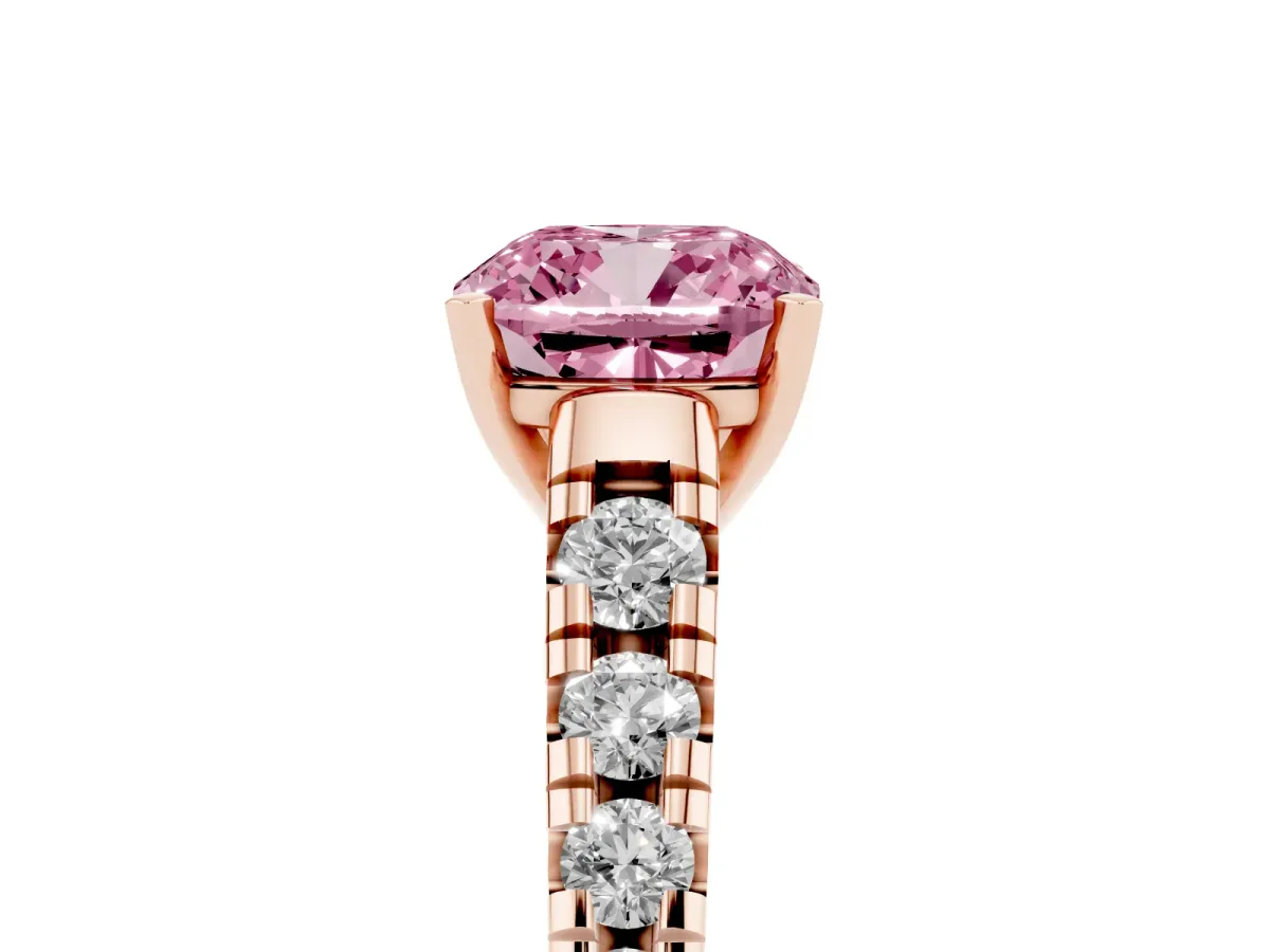 Fancy Pink Cushion Cut Diamond Cathedral Solitaire Ring with Round Pavé Band Rose gold