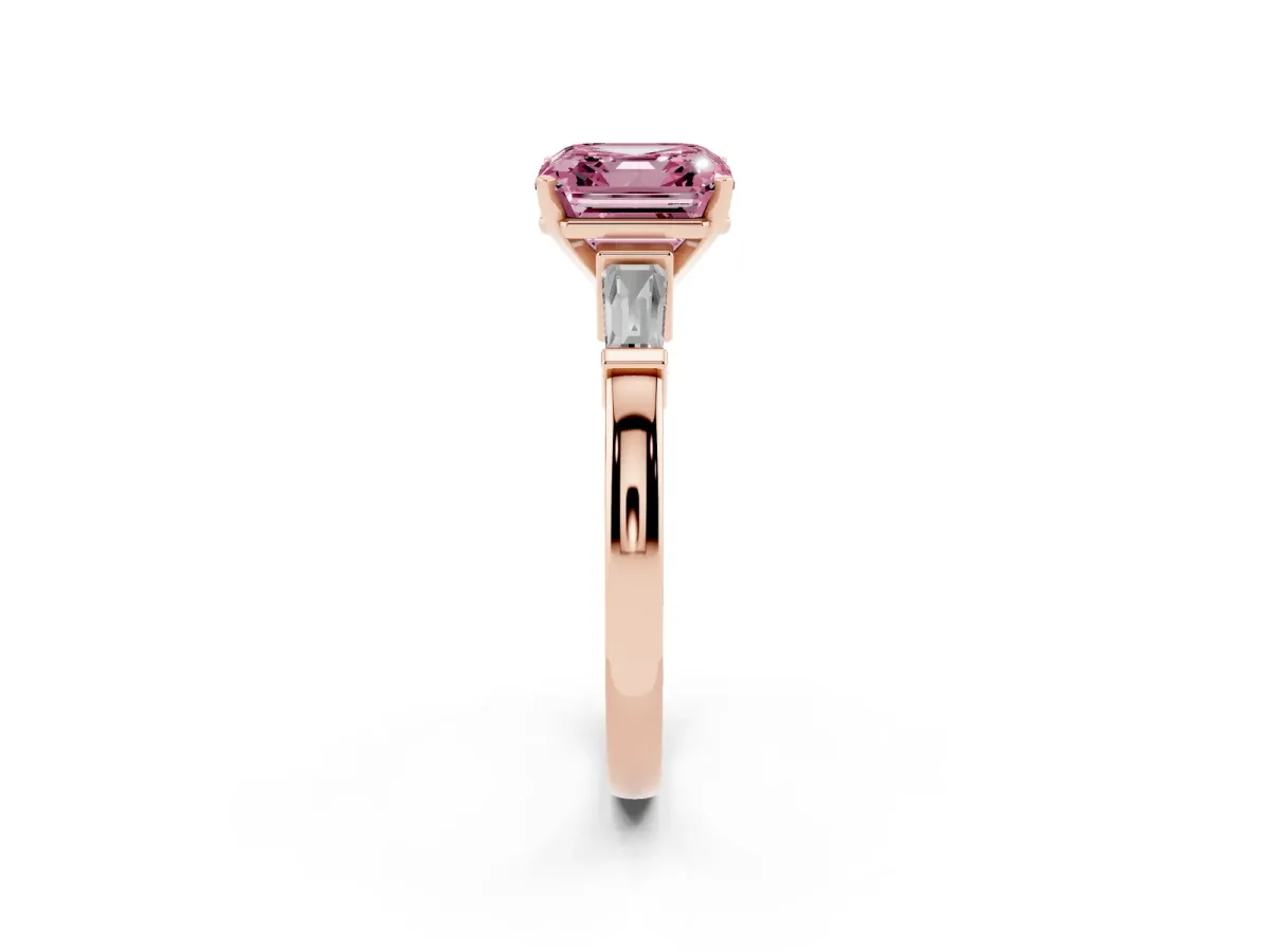 Fancy Pink Asscher Cut Cut Diamond Solitaire Ring with Tapered Baguette Accents and Four-Prong Setting Rose gold