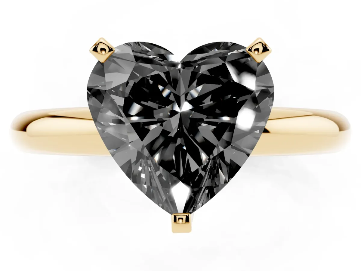 Fancy Black Heart Cut Diamond Solitaire Engagement Ring with Round Band and Four-Prong Setting Yellow gold