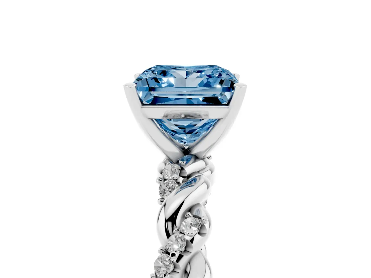 Fancy Blue Princess Cut Diamond Solitaire Ring with Twisted Band and Pavé Accents Silver