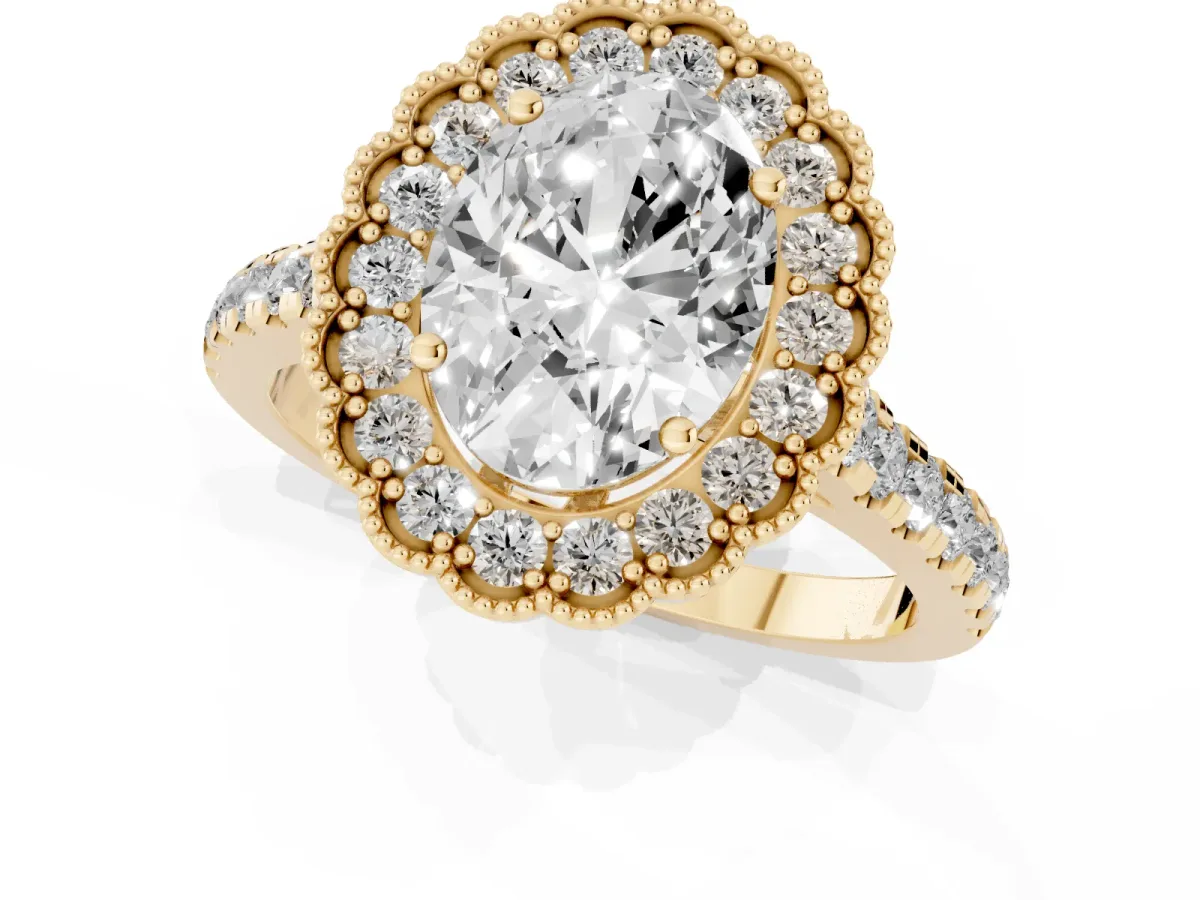 Oval Cut Cut Diamond Milgrain Floral Halo Engagement Ring with Pavé Band Yellow gold