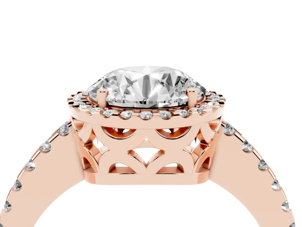 Round Cut Diamond Halo Engagement Ring with Pavé Band and Prong Setting Rose gold