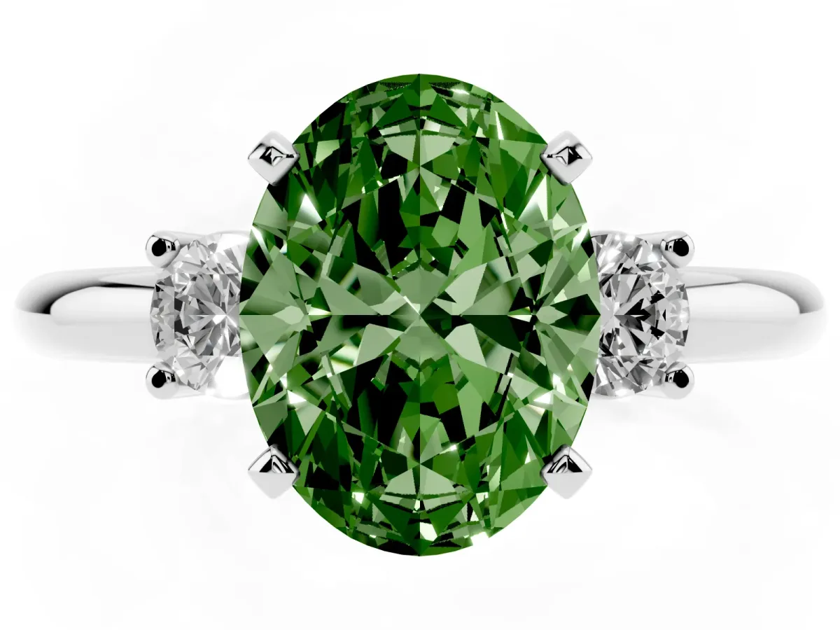 Fancy Green Three-Stone Oval Cut Cut Diamond Solitaire with Prong Setting and Classic Band Silver
