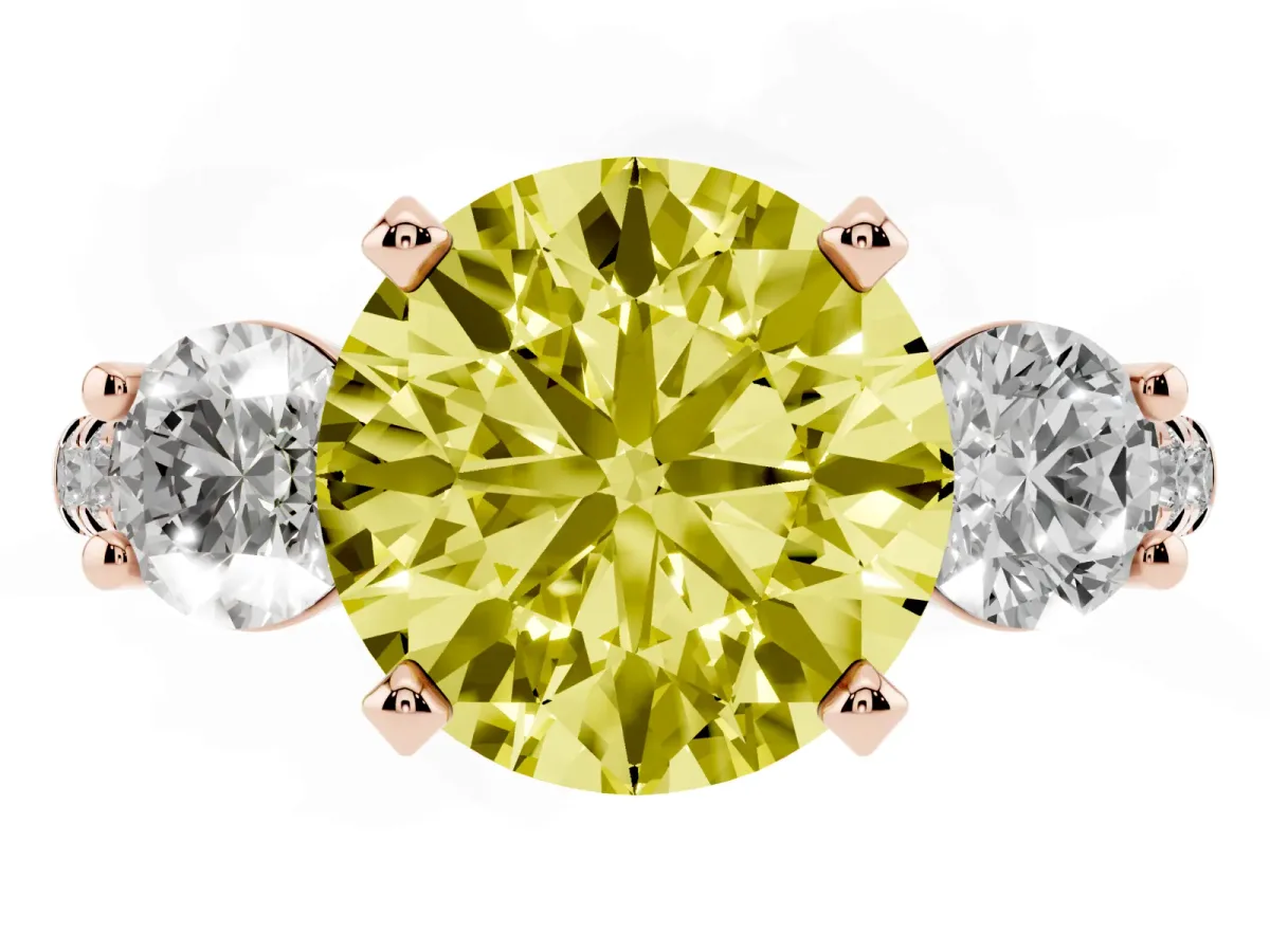 Fancy Yellow Three-Stone Round Cut Diamond Pavé Band with Four-Prong Setting Rose gold